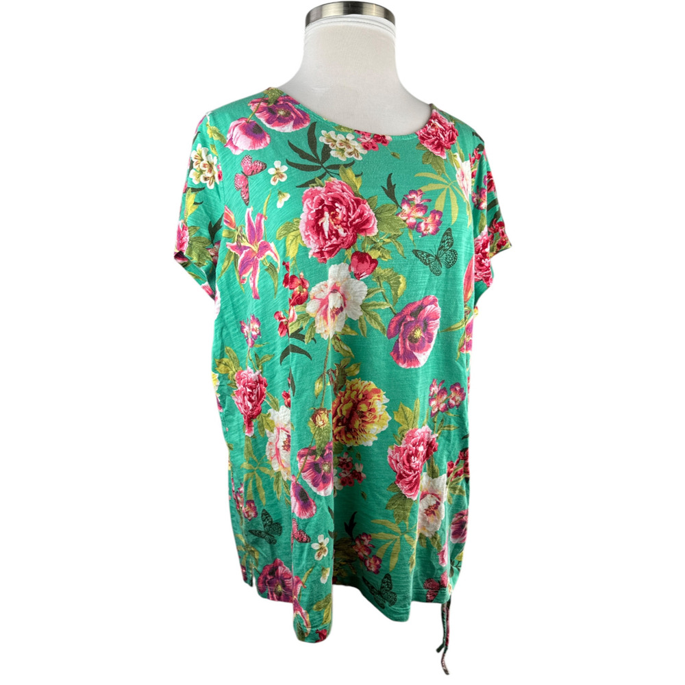 ✨2/$20 Belle Kim Gravel Slub Knit Side Ruched Top Full Bloom Floral Plus Size 4X - Picture 2 of 15